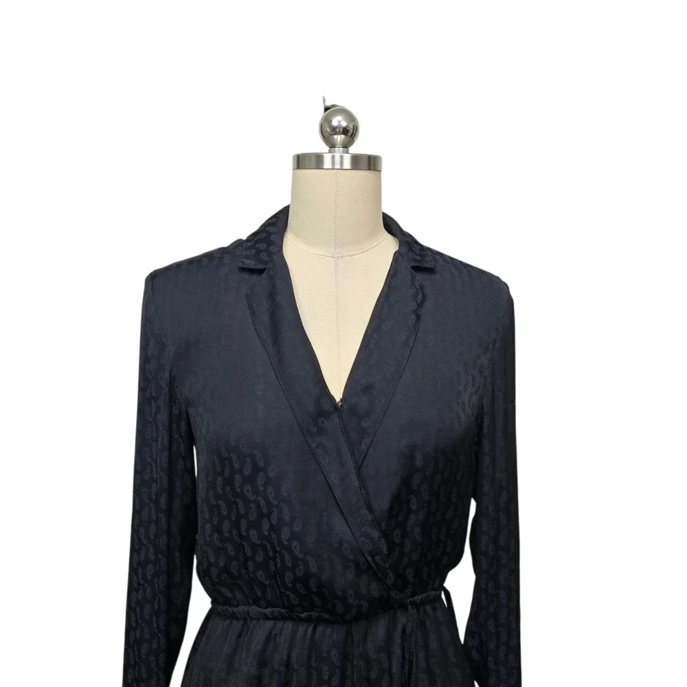 Banana Republic Navy Paisley Jacquard Wrap Dress Long Sleeve Notched Lapel 4 NEW